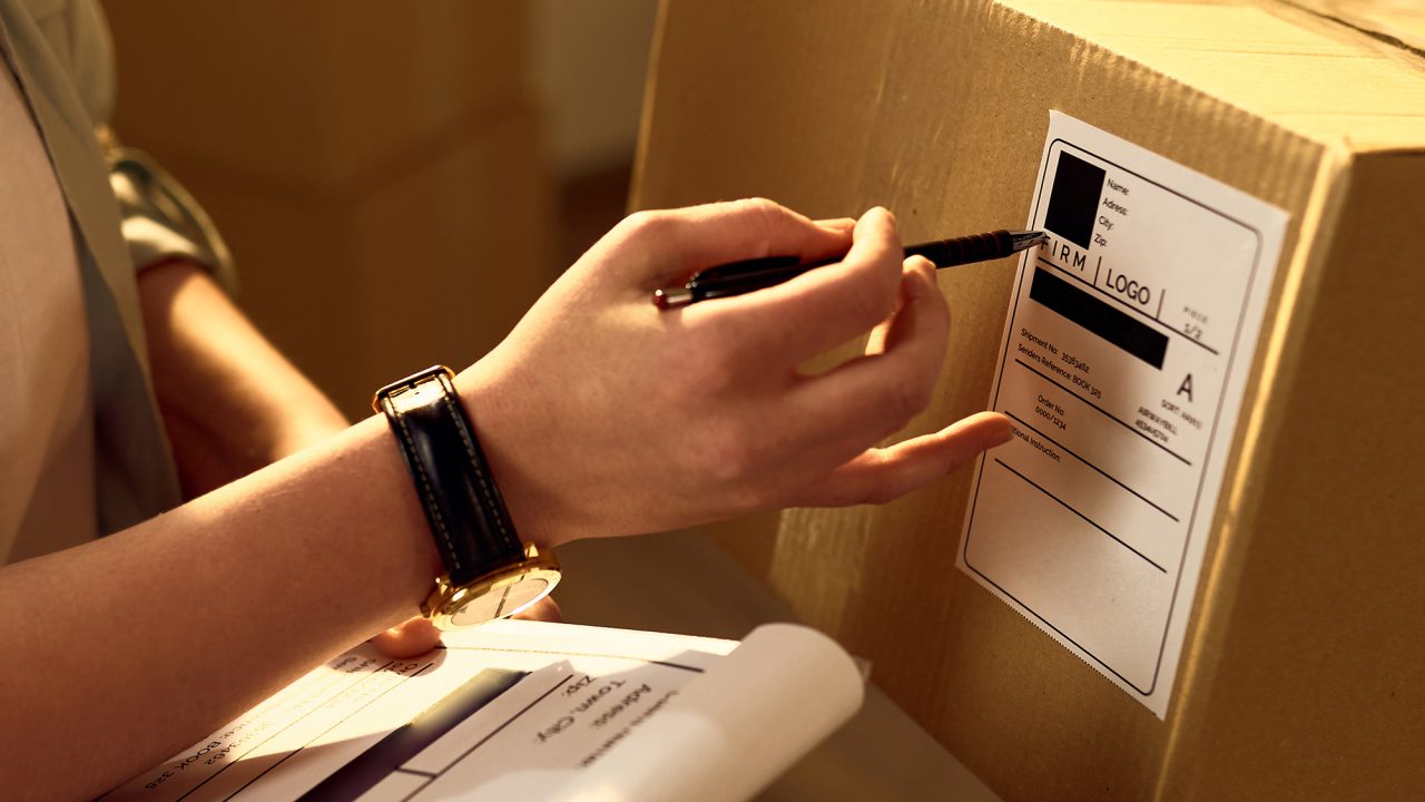 Two delivery women cooperating while checking data on the packages in the office.